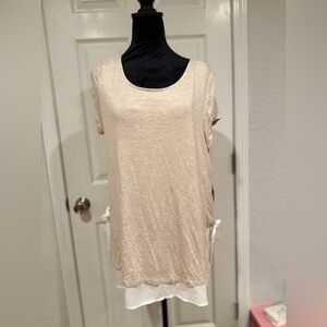 Pebble and Stone XL Beige Layered Look Top with Side Tie Detail and Sheer Hem